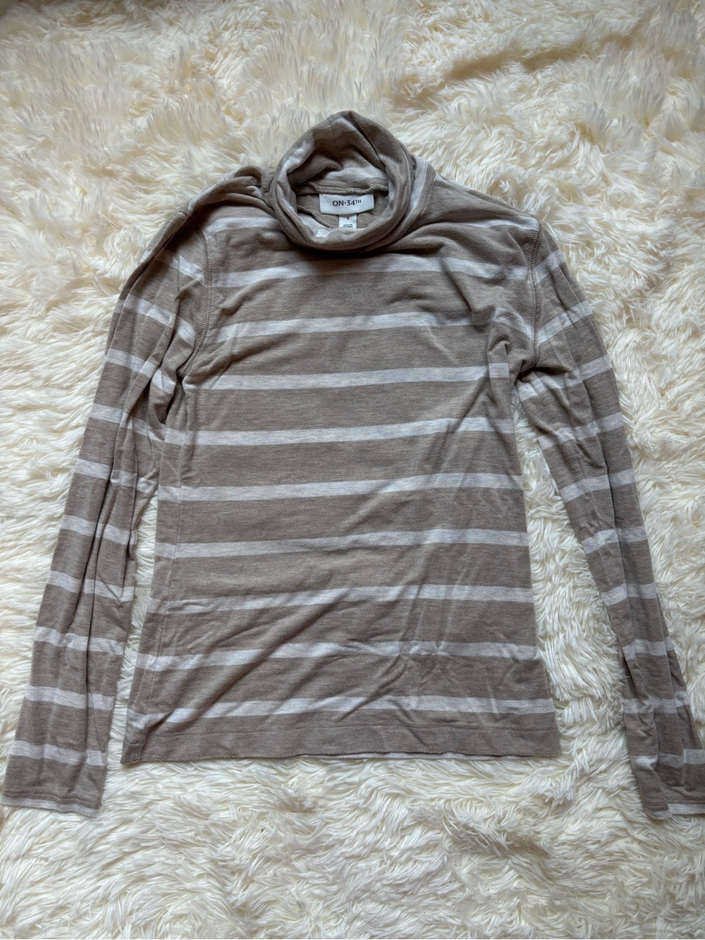 On 34th Striped Cowl Neck Long Sleeve Top Women’s Small Beige Tan Modal